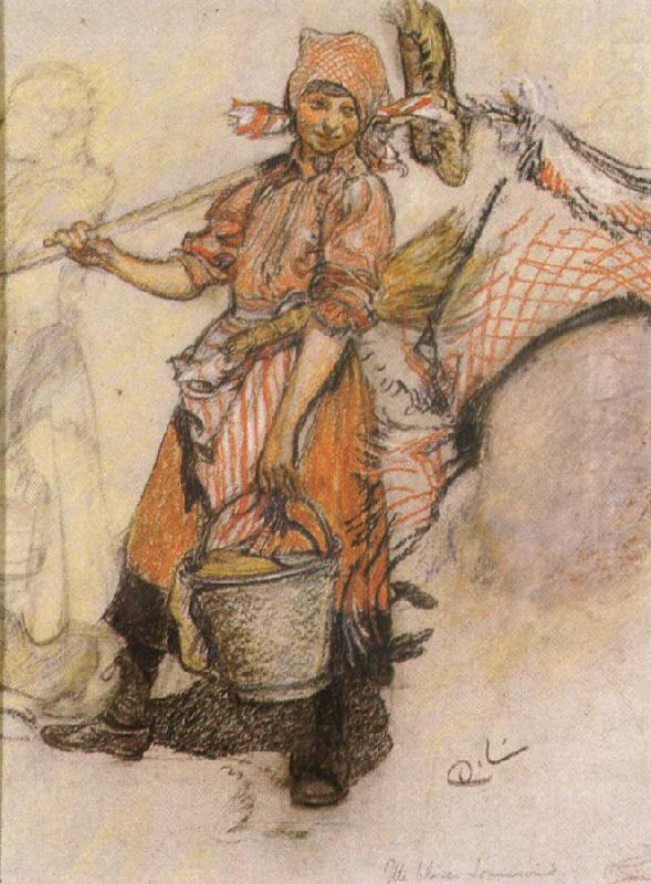 Study of a Girl wtih Pail and Broom, Carl Larsson